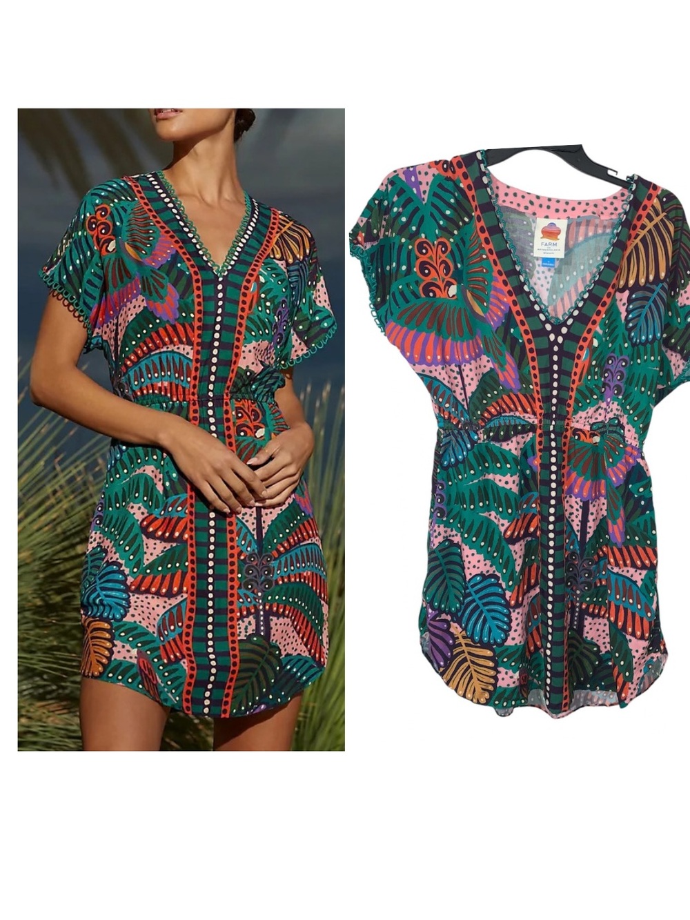 FARM Rio /Anthropologie Multicolor Tropical Leaf V-Neck Swim Coverup